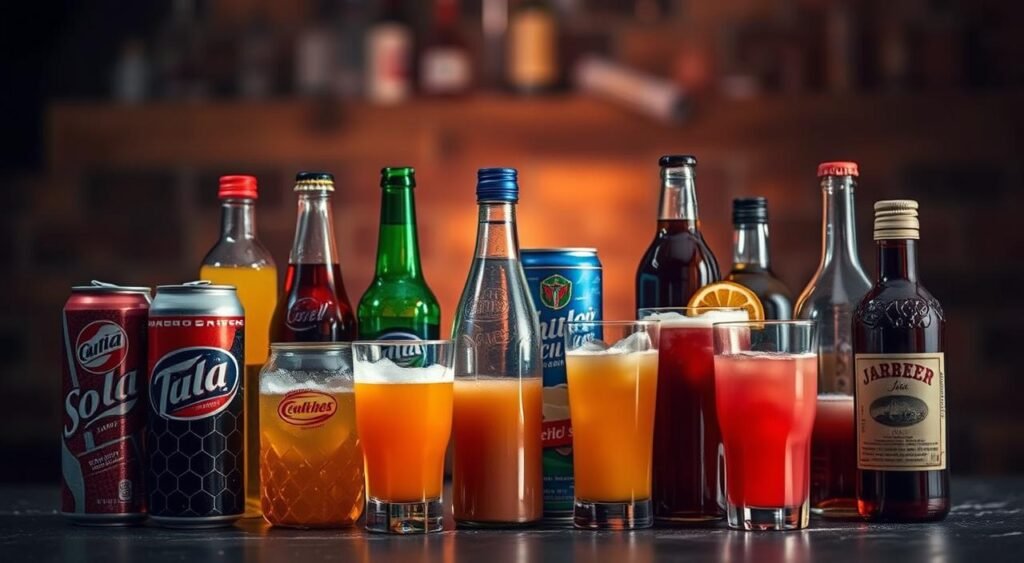 A still-life arrangement showcasing an assortment of beverages that can exacerbate acid reflux symptoms. In the foreground, an array of carbonated sodas, sugary fruit juices, and alcoholic drinks are prominently displayed against a blurred background. The lighting is warm and moody, casting soft shadows and highlights that accentuate the textures and colors of the beverages. The composition is balanced and visually appealing, drawing the viewer's attention to the potentially harmful nature of these common drink choices. The overall mood is one of cautionary contemplation, hinting at the detrimental impact these seemingly innocuous beverages can have on acid reflux conditions.