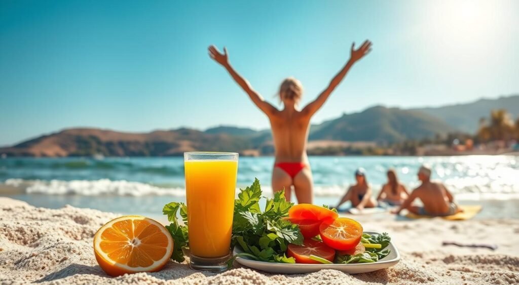 A sun-drenched beach scene, with a person standing in the shallow water, their arms outstretched to the sky, soaking in the warm rays. In the foreground, a glass of fresh orange juice and a plate of leafy greens, symbolizing the nutrients that support strong, healthy bones. The middle ground features a group of people relaxing on beach towels, their skin glowing with the natural light. In the background, a picturesque coastal landscape, with rolling hills and swaying palm trees. The overall mood is one of wellness, vitality, and the restorative power of nature's gifts.