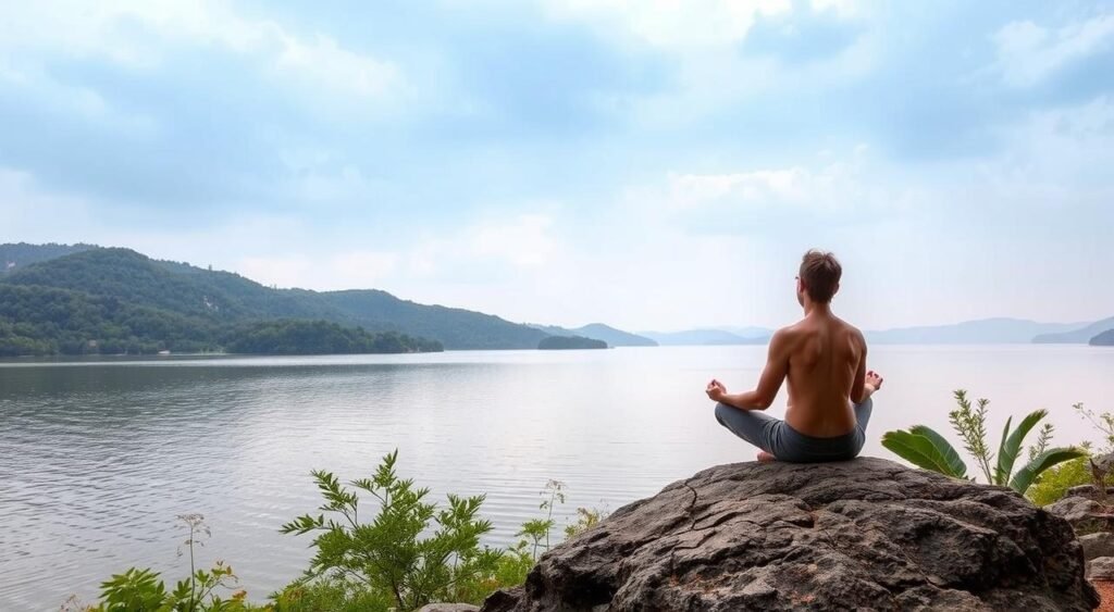 A tranquil landscape with a serene lake, surrounded by lush, verdant hills and a calming sky. In the foreground, a person sits cross-legged on a rock, deep in contemplation, their gaze fixed inwardly. The lighting is soft and diffused, creating a warm, meditative atmosphere. The scene evokes a sense of inner peace and the journey of self-discovery, free from the distractions of comparison. The composition is balanced and harmonious, inviting the viewer to pause and reflect on their own path.