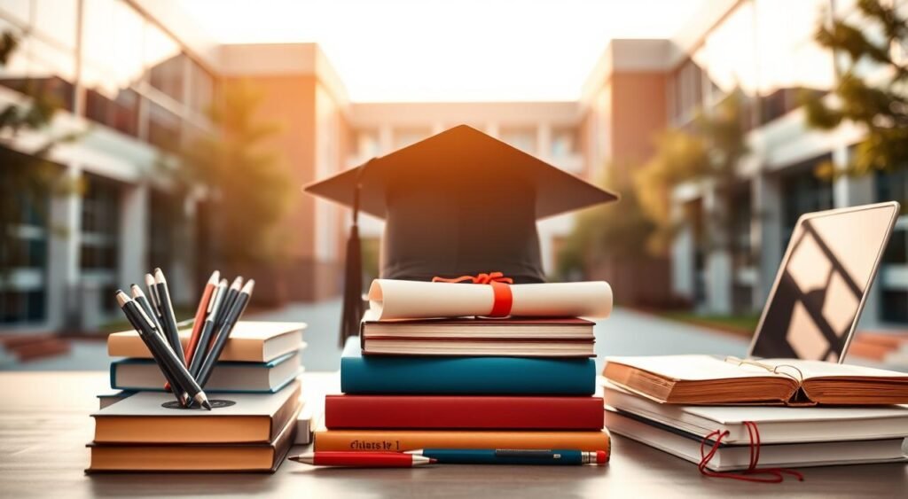 A vibrant academic setting, showcasing a student's educational journey. In the foreground, an array of books, pens, and a laptop symbolize the tools of academic pursuit. In the middle ground, a graduation cap and diploma represent the culmination of diligent studies. The background features a modern, well-lit university campus, with clean lines and a sense of intellectual dynamism. Warm, natural lighting casts a subtle glow, evoking a feeling of accomplishment and growth. The composition emphasizes the importance of academic formation, the dedication required, and the pride in achieving educational milestones.