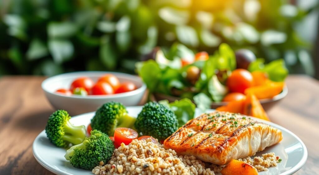A vibrant, healthy meal featuring a variety of colorful, nutritious ingredients. In the foreground, a plate showcases a balanced spread of grilled salmon, steamed broccoli, quinoa, and roasted sweet potatoes, all arranged in an appetizing, visually appealing manner. The middle ground features a bowl of fresh, crisp salad greens, cherry tomatoes, and a drizzle of light vinaigrette. In the background, lush greenery and a warm, soft-focus lighting create a calming, natural ambiance. The overall composition evokes a sense of wellness, energy, and a mindful approach to mealtime.