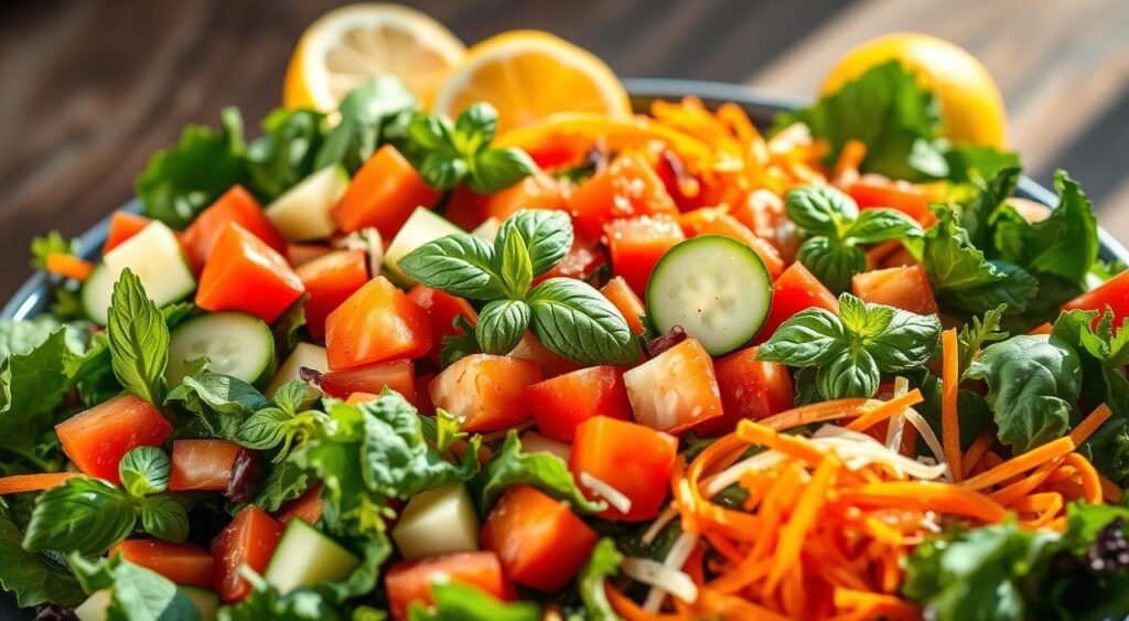 A vibrant salad overflowing with fresh, colorful ingredients that nourish the digestive system. In the foreground, a mix of leafy greens, such as spinach and kale, are arranged artfully, complemented by sliced cucumber, diced tomatoes, and shredded carrots. In the middle ground, aromatic herbs like basil and mint add pops of verdant hues, while in the background, a few wedges of lemon provide a zesty contrast. The salad is bathed in warm, natural lighting, casting a soft, inviting glow and emphasizing the salad's vibrant, wholesome appearance. The overall composition conveys a sense of balance, health, and a gentle nourishment for the digestive system.