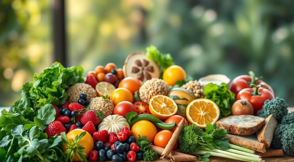 A well-lit, high-resolution image showcasing a variety of nutrient-dense foods commonly recommended for breastfeeding mothers. In the foreground, a bounty of fresh fruits and vegetables, including leafy greens, berries, citrus, and vibrant root vegetables, arranged in an inviting manner. In the middle ground, whole grains such as quinoa, brown rice, and whole wheat bread, alongside lean protein sources like grilled chicken, fish, and legumes. In the background, a serene, natural setting with soft, warm lighting, conveying a sense of harmony and balance. The overall composition should inspire a feeling of nourishment, health, and the nurturing connection between a mother and her child during the postpartum period.