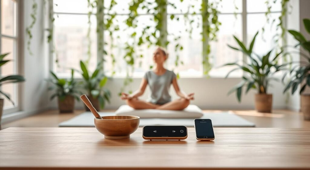 An immersive and serene meditation studio with soft, natural lighting filtering through large windows. In the foreground, a variety of modern meditation tools are arranged neatly on a minimalist wooden table - including a crystal singing bowl, an incense holder, and a sleek meditation app device. In the middle ground, a person sits crossed-legged on a plush meditation cushion, eyes closed in deep focus. The background features lush, tropical plants cascading down the walls, creating a calming, verdant atmosphere. The overall mood is one of tranquility, innovation, and the harmonious integration of technology and ancient practices.