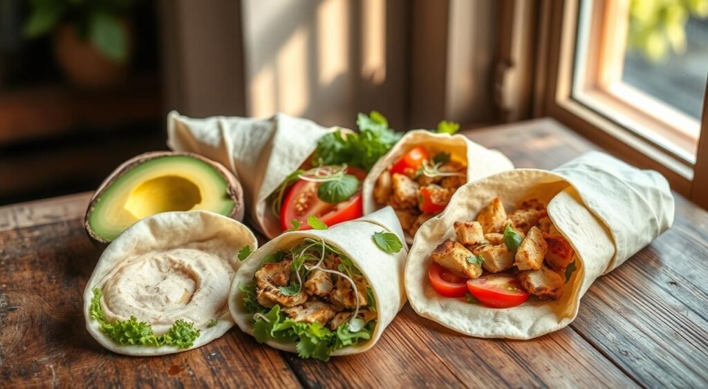 Criative lanches and wraps on a rustic wooden table, sunlight filtering through a window, casting a warm glow. An assortment of fresh ingredients - avocado, tomatoes, sprouts, hummus, grilled chicken - artfully arranged, inviting the viewer to savor a healthy, flavorful midday meal. The composition is balanced and visually appealing, with textures and colors that complement each other. The scene exudes a sense of simplicity and nourishment, capturing the essence of a satisfying, yet quick and easy, snack or light lunch.