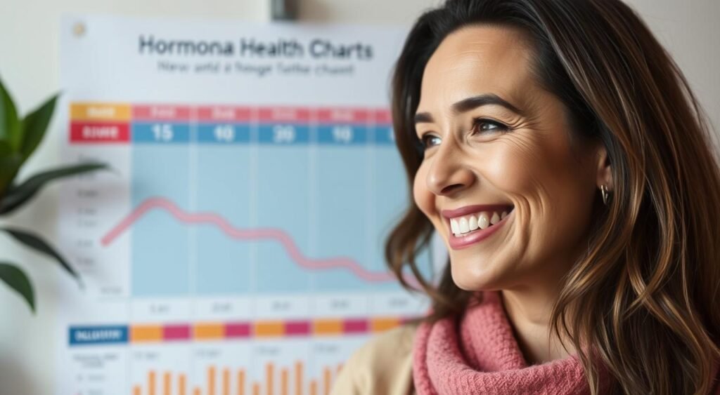 Imagem de uma mulher sorrindo com um gráfico de saúde hormonal ao fundo