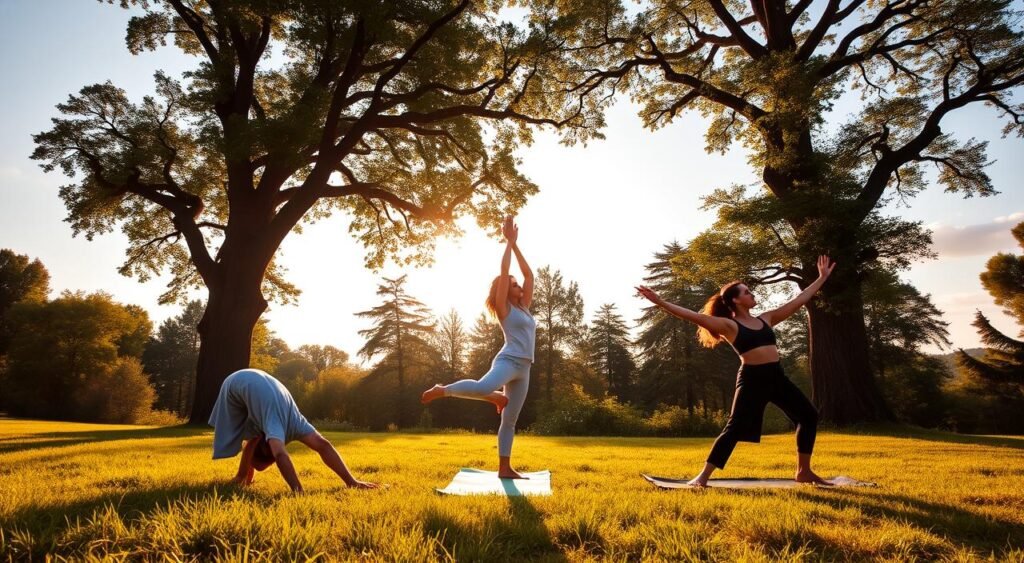 Outdoor yoga practice in a serene natural setting. A group of three people performing various yoga poses such as Downward Facing Dog, Tree Pose, and Child's Pose on a grassy meadow. Warm golden sunlight filters through the lush foliage of towering trees, casting a tranquil glow. The composition emphasizes the harmony between the practitioners' movements and the peaceful outdoor environment. Soft, wispy clouds dot the azure sky. The overall atmosphere evokes a sense of calm, mindfulness, and connection with nature.