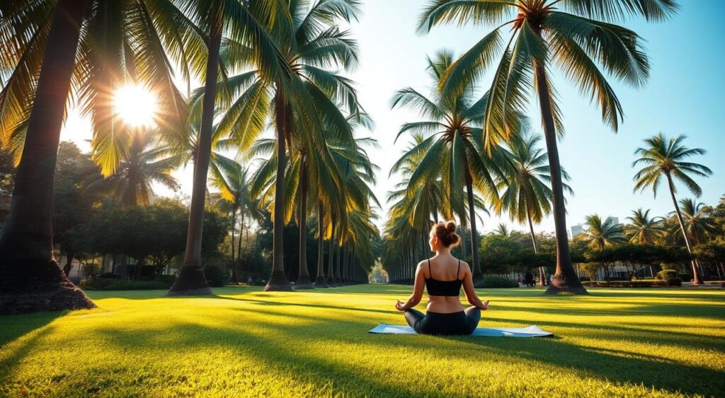 Serene outdoor yoga scene in São Paulo's Ibirapuera Park: a woman meditating in lotus pose on a lush green lawn, surrounded by towering palm trees and a clear blue sky. Warm afternoon sunlight filters through the leaves, casting a soft, natural glow. The frame captures the tranquility of this urban oasis, highlighting the beauty of practicing yoga in a peaceful, open-air setting.