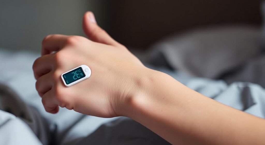 a close-up shot of a human hand and arm, with skin temperature sensors placed on the inner forearm, measuring the body's thermal regulation before bedtime. The sensors display readings in both Celsius and Fahrenheit, providing visual cues about the importance of controlling body temperature for better sleep. The hand is relaxed, conveying a sense of mindfulness and preparation for a restful night. The image is lit softly, with a warm, muted color palette to evoke a tranquil, sleep-inducing atmosphere. The background is blurred, keeping the focus on the thermoregulation process.