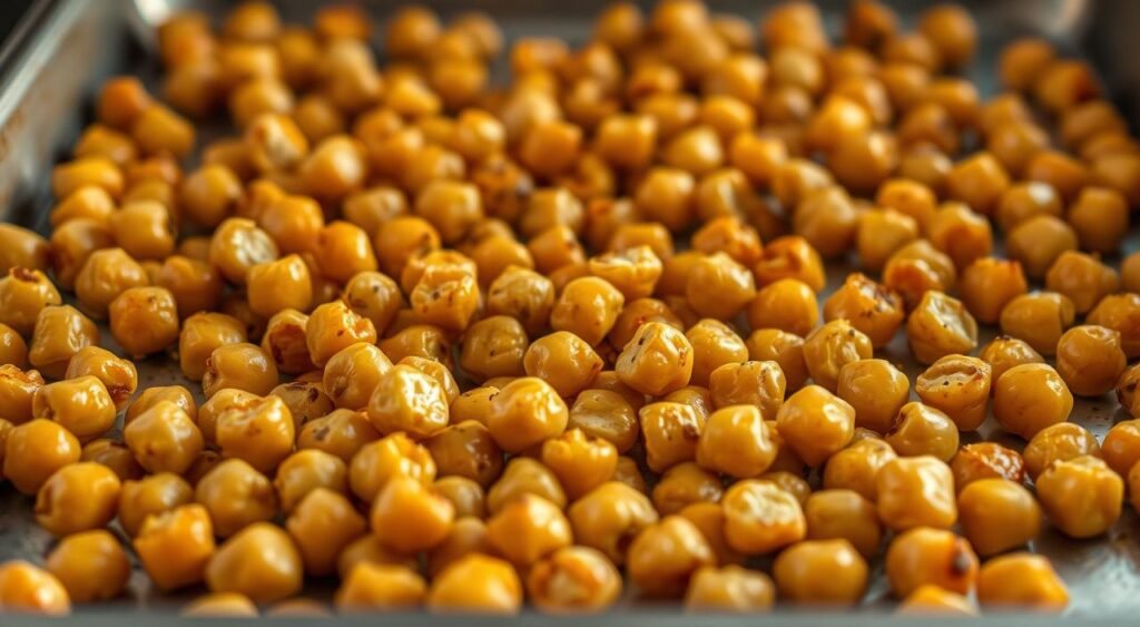 A baking tray filled with golden-brown, crispy roasted chickpeas, fresh from the oven. The legumes glisten with a light coating of olive oil and are sprinkled with a hint of aromatic spices, casting an inviting aroma. Positioned in the foreground, the crunchy chickpeas are the focal point, captured in soft, natural lighting that accentuates their textural appeal. The background is subtly blurred, keeping the viewer's attention on the satisfying, guilt-free snack. This image conveys the simplicity and deliciousness of a homemade, healthy treat that can be enjoyed as a nutritious afternoon pick-me-up.