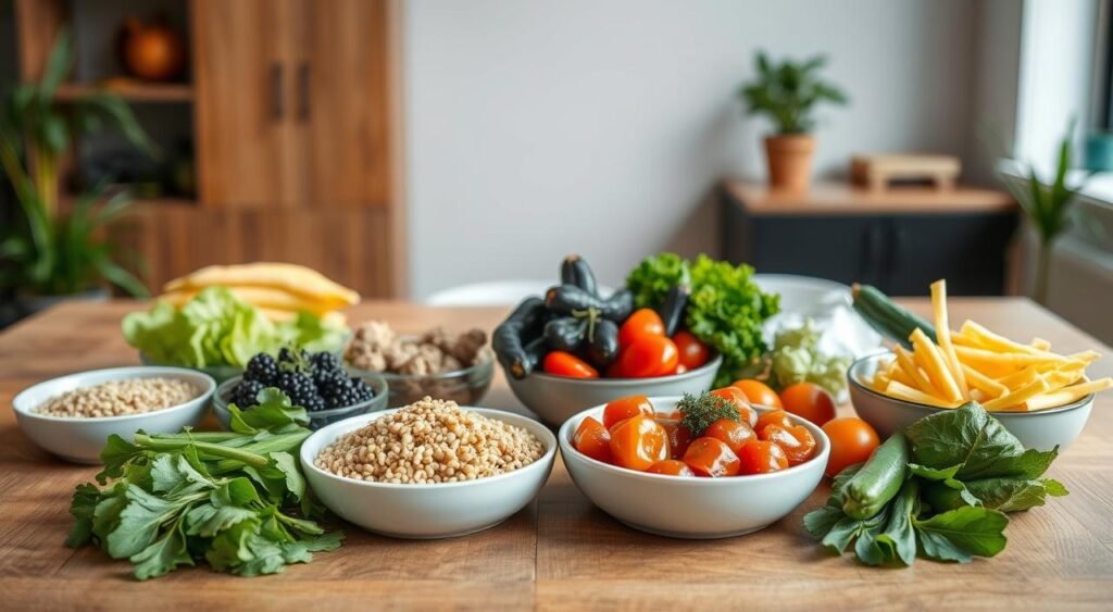 A balanced meal plan with healthy and wholesome ingredients, neatly arranged on a wooden table. In the foreground, a variety of fresh vegetables, grains, and proteins are displayed in individual dishes, creating a visually appealing and nutritious composition. The middle ground features a clean, minimalist background with natural lighting, suggesting a serene and calming atmosphere. The overall scene conveys a sense of simplicity, sustainability, and a well-thought-out approach to balanced and mindful eating.