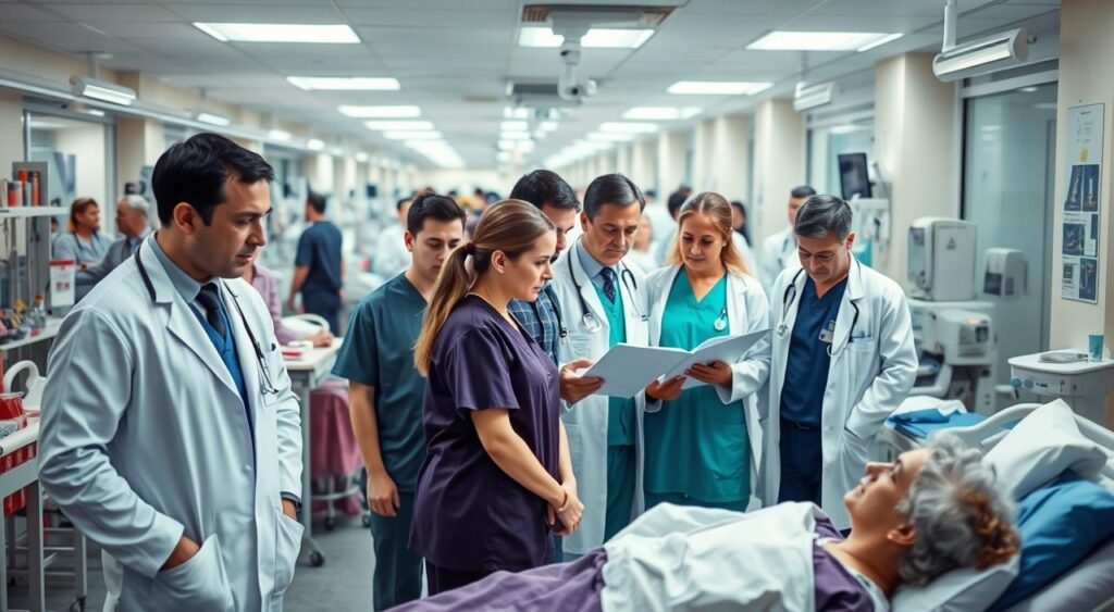 A bustling hospital scene, with healthcare professionals diligently attending to patients. In the foreground, a doctor in a white coat examines a patient, while nurses in scrubs tend to their needs. In the middle ground, a team of specialists confer over a medical chart, their expressions focused and determined. The background is filled with the activity of a modern medical facility, with equipment, supplies, and the comings and goings of staff and visitors. The lighting is bright and clinical, creating a sense of professionalism and competence. The overall atmosphere conveys a sense of care, expertise, and a commitment to the well-being of those in need.