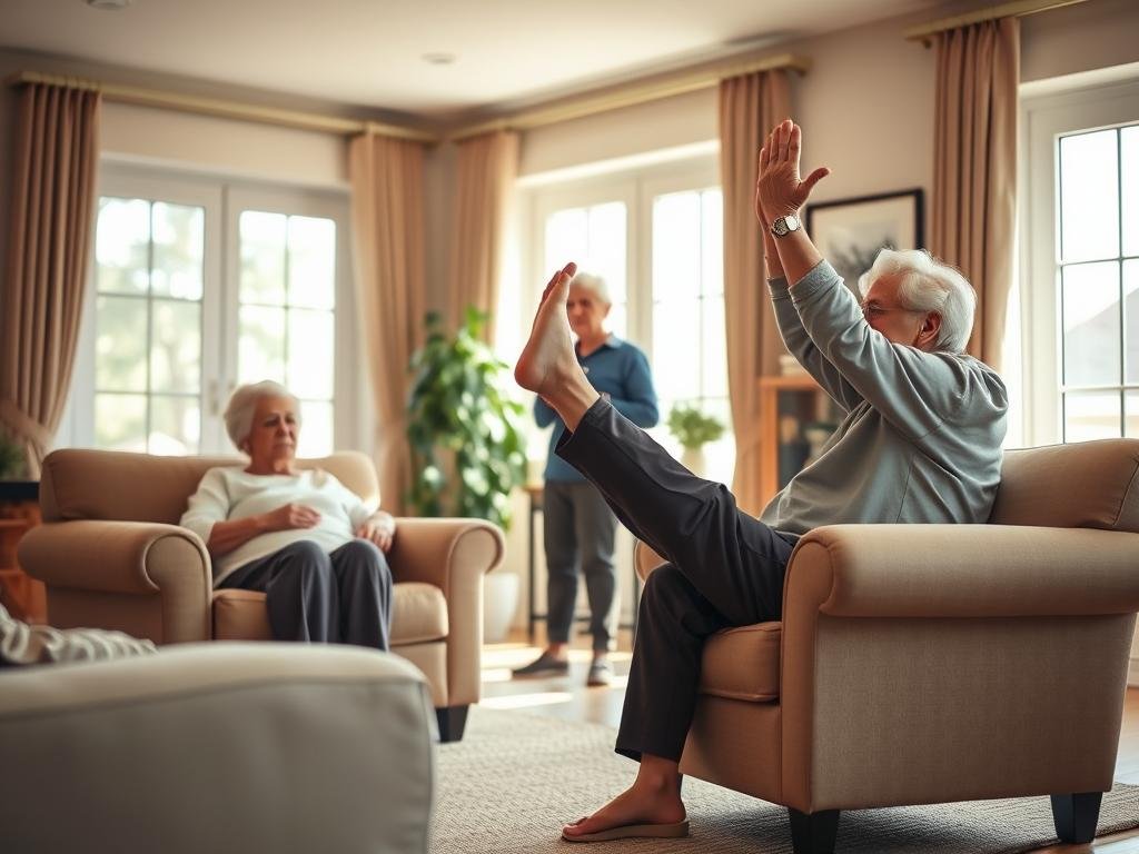 A cozy living room setting, with an elderly couple performing gentle exercises together. The room is bathed in warm, natural lighting from large windows, creating a peaceful ambiance. The couple sits on plush, comfortable chairs, performing simple leg lifts and arm raises, guided by an instructor visible in the background. The scene conveys a sense of tranquility, as the elderly individuals engage in low-impact, accessible activities that promote their physical well-being and independence within the comfort of their own home.