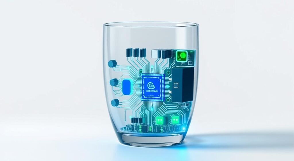 A cutaway diagram showcasing the inner workings of a smart cup with integrated sensors. Detailed cross-section view revealing the various components: temperature, liquid level, and motion sensors embedded in the cup's walls, connected to a central microprocessor. Vibrant blue and green hues for the electronic circuitry, contrasted by the translucent glass material of the cup. Soft, even lighting from above casts subtle shadows, heightening the technical details. The cup is positioned at a slight angle, allowing a clear view into its inner mechanisms. The overall mood is one of innovative, cutting-edge technology seamlessly integrated into an everyday object.