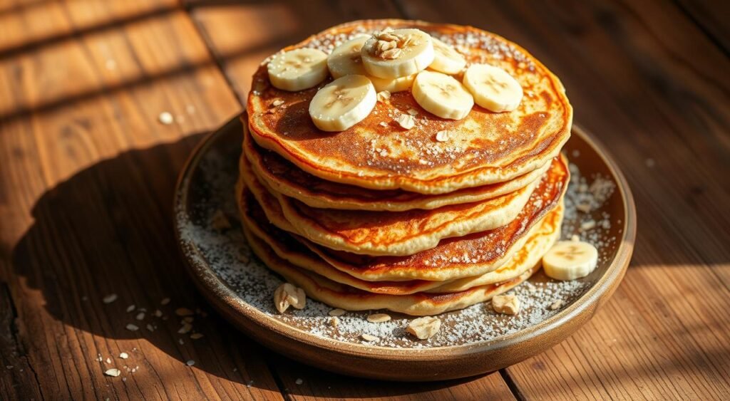 A delectable stack of golden-brown pancakes, made with ripe bananas and creamy oats, sits atop a rustic wooden surface. The light cascades softly, casting warm shadows that accentuate the dish's natural textures. The pancakes are garnished with a scattering of sliced banana and a light dusting of powdered sugar, creating a visually appealing and appetizing composition. The overall scene exudes a cozy, homemade atmosphere, inviting the viewer to imagine the satisfying taste and aroma of this quick, nutritious, and delicious snack.