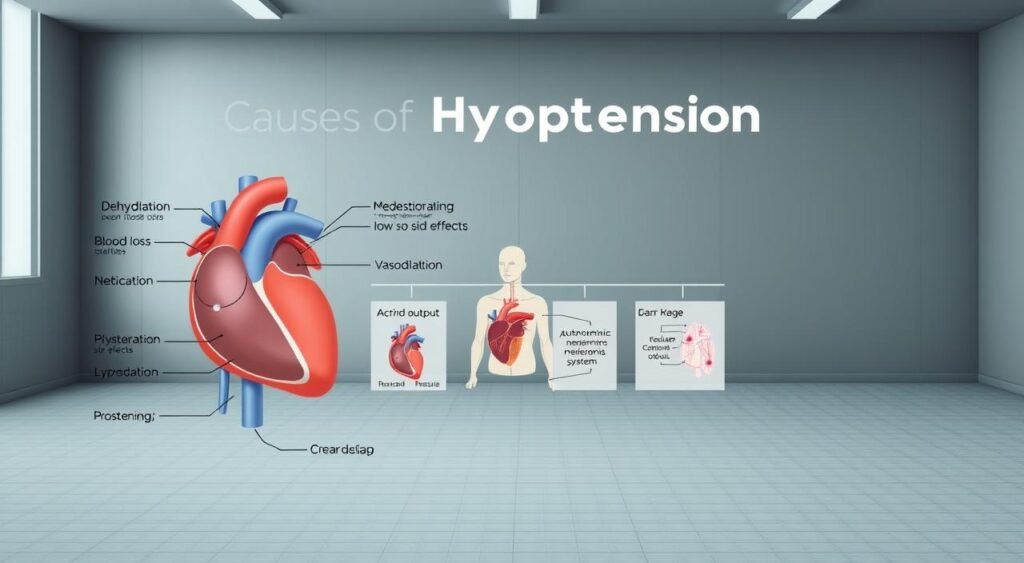A detailed medical diagram showcasing the primary causes of hypotension. In the foreground, a close-up illustration of the cardiovascular system, highlighting the mechanisms behind low blood pressure, such as dehydration, blood loss, and medication side effects. In the middle ground, a series of anatomical visuals depicting the underlying physiological processes, including vasodilation, reduced cardiac output, and autonomic nervous system imbalances. In the background, a minimalist, clinical setting with muted tones and subtle grid-like patterns, creating a sense of scientific objectivity. The overall aesthetic is clean, informative, and designed to educate viewers on the key factors leading to hypotension.