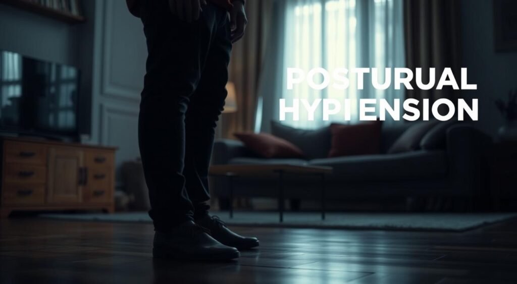 A dimly lit, realistic scene depicting postural hypotension. In the foreground, a person standing suddenly collapses as their blood pressure dramatically drops, causing dizziness and fainting. The middle ground shows the person's legs buckling, their face pale and expressions of disorientation. In the background, a blurred domestic setting, such as a living room or office, to convey the everyday context. The lighting is soft and natural, creating shadows and highlights that emphasize the subject's physiological response. The overall mood is one of concern and medical urgency, capturing the potentially serious nature of this condition.