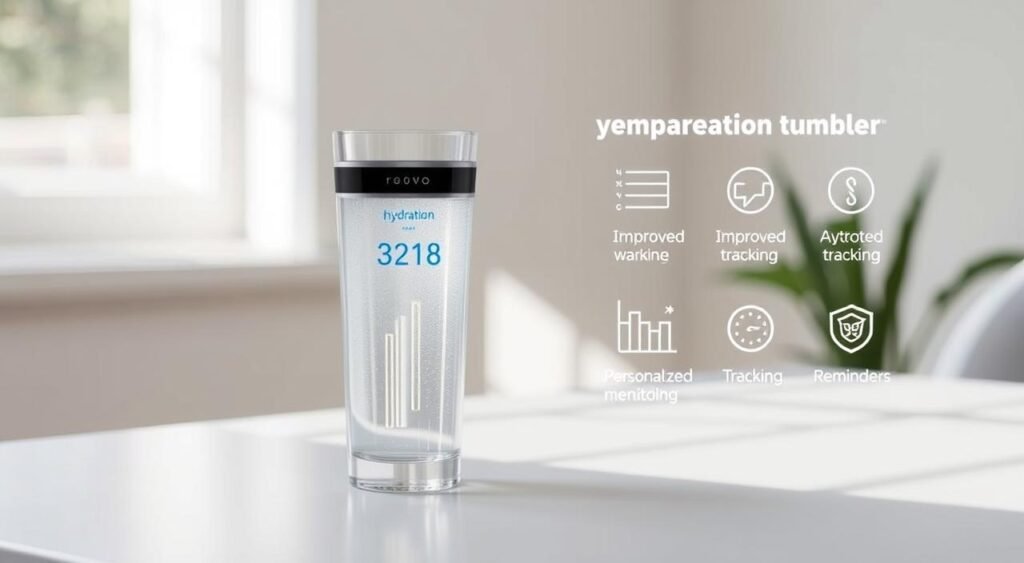 A glass tumbler with a digital display and smart monitoring features rests on a clean, minimalist table. The tumbler is filled with water, its contents highlighted by soft, natural lighting from a nearby window. The digital display shows real-time hydration data, while a series of icons and graphs illustrate the benefits of using this smart cup, such as improved water intake, personalized tracking, and reminders. The overall scene conveys a sense of simplicity, functionality, and the practical advantages of incorporating smart technology into everyday health and wellness routines.