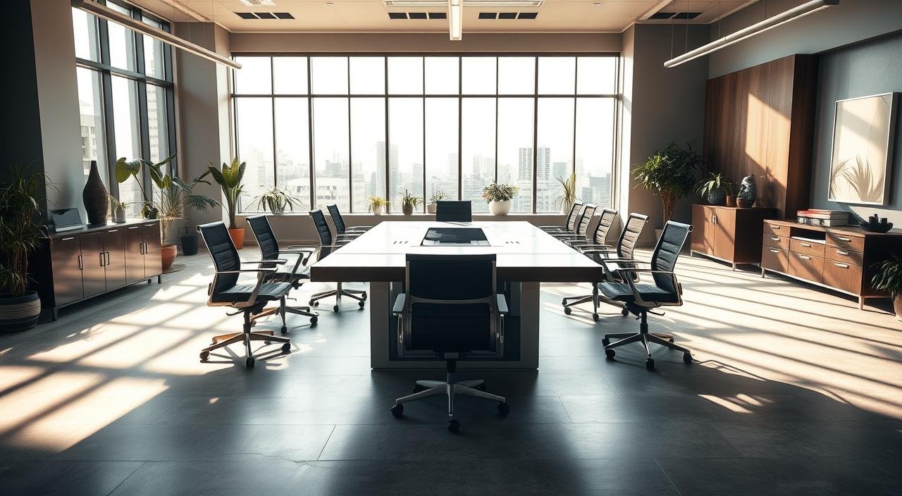 A modern, professional office interior with a large central desk and ergonomic chairs. The desk is made of sleek, dark wood and metal, creating a sophisticated atmosphere. The room is flooded with natural light from large windows, casting a warm glow on the space. Strategically placed plants and artwork on the walls add a touch of calm and creativity. The mood is one of focused productivity, with a sense of care and attention to employee well-being. Camera angle is slightly elevated, capturing the entire workspace in a clean, minimalist composition.