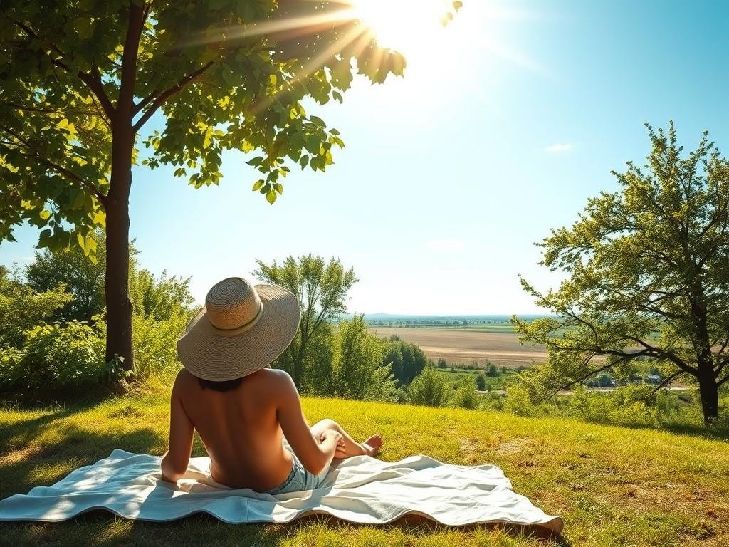 A peaceful, sun-dappled scene of a person enjoying safe sun exposure. The foreground features a person sitting comfortably on a blanket, wearing a wide-brimmed hat and sunscreen, basking in the warm, gentle rays of the sun. The middle ground showcases lush, verdant foliage providing natural shade and protection from the sun's intensity. The background depicts a serene, open landscape with a clear, blue sky, emphasizing the tranquility and well-being associated with healthy sun exposure. The lighting is soft, diffused, and natural, creating a calming, inviting atmosphere. The camera angle is slightly elevated, giving a panoramic view that conveys the idea of balance and moderation in sun bathing.