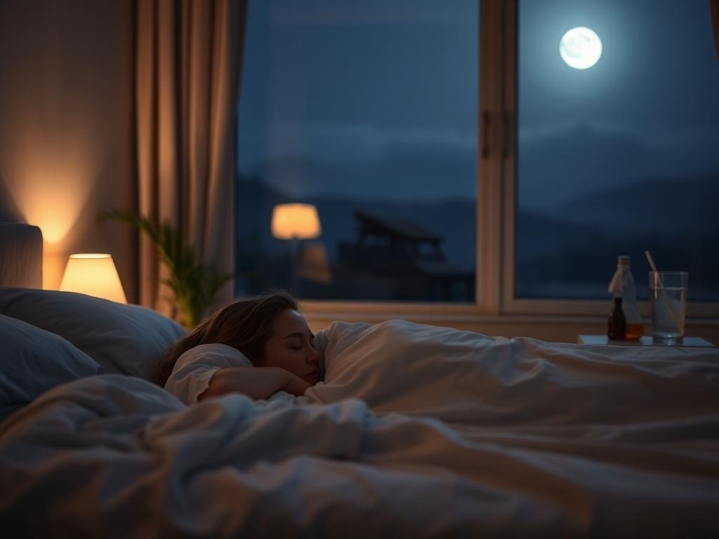 A serene, dimly lit bedroom scene. In the foreground, a peaceful, sleeping figure rests on crisp, white bedsheets. Soft, ambient lighting casts a warm, soothing glow, creating a cozy and tranquil atmosphere. The middle ground features a nightstand with a glass of water and a few natural sleep aids, such as herbs or essential oils. In the background, a large window overlooks a moonlit, nighttime landscape, with a hazy, dusky sky and distant silhouettes of trees or hills. The overall mood is one of relaxation, comfort, and natural rest, reflecting the restorative experience of alleviating nighttime heartburn through natural solutions.
