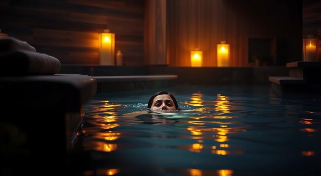 A serene, dimly lit spa-like setting featuring a person submerged in a hydrotherapy pool, surrounded by natural stone and wood elements. Warm, soft lighting emanates from hidden sources, casting a calming ambiance. The scene evokes a sense of tranquility and mindfulness, with the person's face and shoulders visible above the gently rippling water. The overall composition emphasizes the therapeutic and holistic nature of the hydrotherapy practice.
