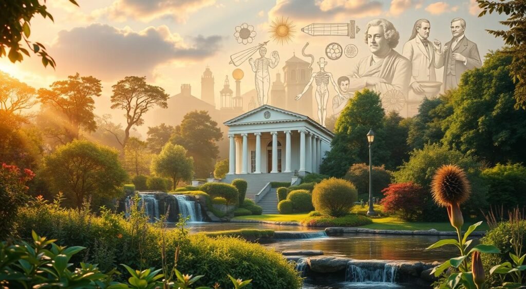 A serene, idyllic landscape depicting the history and evolution of naturopathy. In the foreground, a tranquil garden with lush greenery, soothing waterfalls, and natural healing herbs. In the middle ground, an elegant, classical building representing the origins of naturopathic medicine, bathed in warm, golden light. In the background, a montage of historical figures, symbols, and scientific instruments, symbolizing the progress and development of naturopathy over time. The scene conveys a sense of harmony, balance, and the timeless connection between nature and holistic wellness.