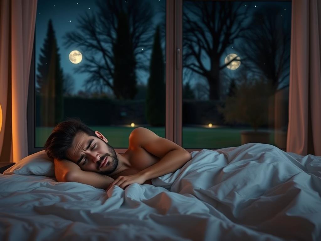 A serene night landscape with a peaceful, cozy atmosphere. In the foreground, a person is lying in bed, tossing and turning, their face expressing discomfort and restlessness. The bedroom is dimly lit, with soft, warm lighting casting a gentle glow. The background features a large window overlooking a tranquil, moonlit garden, with tall trees and a calm, starry sky. The overall mood is one of tranquility and relaxation, contrasting with the person's apparent struggle to find rest.