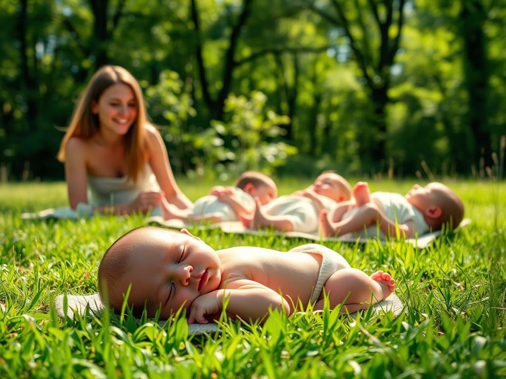 A serene outdoor scene, a sunlit meadow with soft, lush grass. In the foreground, a newborn baby lies peacefully, their delicate skin basking in the gentle warmth of the sun. Nearby, a young mother watches over her child, a soft smile on her face as she observes the baby's contented expression. The middle ground features other infants, all swaddled in light, breathable fabrics, their tiny limbs outstretched, absorbing the sun's rays. In the background, a tranquil forest frames the scene, its verdant foliage creating a natural, soothing atmosphere. The lighting is diffused and natural, creating a calming, almost ethereal mood. The overall composition emphasizes the serene, wholesome experience of sun bathing for newborns and infants.