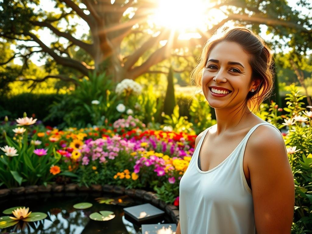 A serene, sun-drenched scene of a woman standing in a lush, verdant garden, her face radiant with a joyful, tranquil expression. The foreground features a tranquil pond with water lilies and stepping stones, inviting the viewer to step into the scene. The middle ground showcases a diverse array of vibrant, colorful flowers in bloom, creating a harmonious tapestry of natural beauty. In the background, a towering tree canopy filters the warm, golden light, casting a soft, diffused glow over the entire composition. The overall atmosphere is one of peace, rejuvenation, and a profound connection with the natural world - a visual representation of the transformative power of &quot;Lei da Atração e Saúde&quot;.