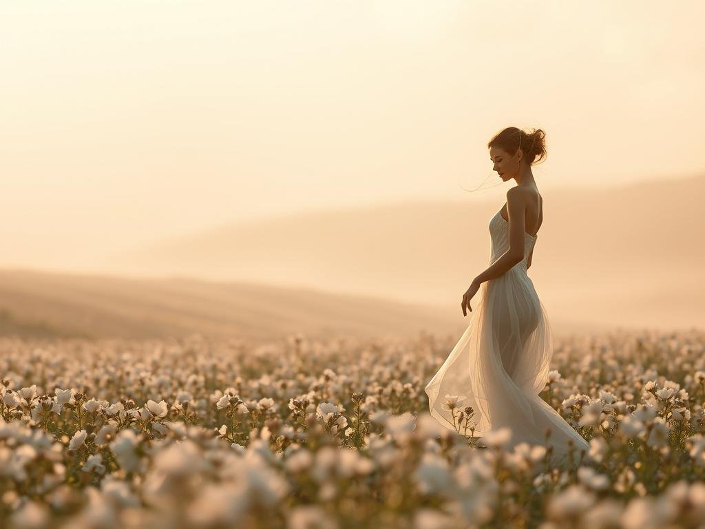 A tranquil, dreamlike scene of &quot;desejo&quot; (desire) in a serene, pastel-hued landscape. In the foreground, a graceful, ethereal figure embodying the concept of desire, with wispy, translucent tendrils emanating from their form. The middle ground features a gently undulating field of soft, blossoming flowers in muted tones, creating a sense of effortless beauty. The background is a hazy, atmospheric sky, bathed in a warm, golden light that casts a serene, contemplative mood over the entire composition. The lighting is soft and diffused, with a subtle, dreamlike quality, as if captured through a vintage lens. The overall aesthetic is one of quiet, introspective longing, perfectly capturing the essence of &quot;desejo&quot; and the tranquil, thoughtful mood of the section titled &quot;Passo a Passo do Método de 5 Minutos&quot;.