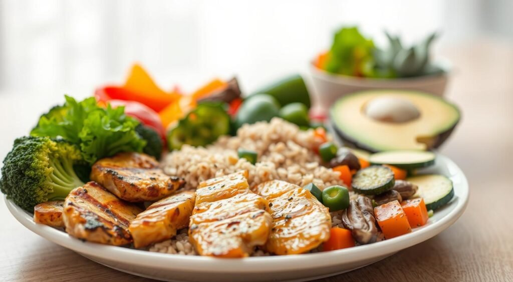 A well-balanced meal on a clean white ceramic plate, with a variety of fresh, colorful ingredients arranged in a visually appealing manner. In the foreground, a selection of lean protein sources, such as grilled chicken or fish, accompanied by a variety of roasted vegetables, including broccoli, bell peppers, and zucchini. In the middle ground, a serving of whole grains, such as brown rice or quinoa, and a small portion of healthy fats, like avocado or nuts. The background features a minimalist, light-filled setting, with soft, natural lighting illuminating the scene. The overall composition conveys a sense of harmony, balance, and a healthful, nourishing approach to dining.