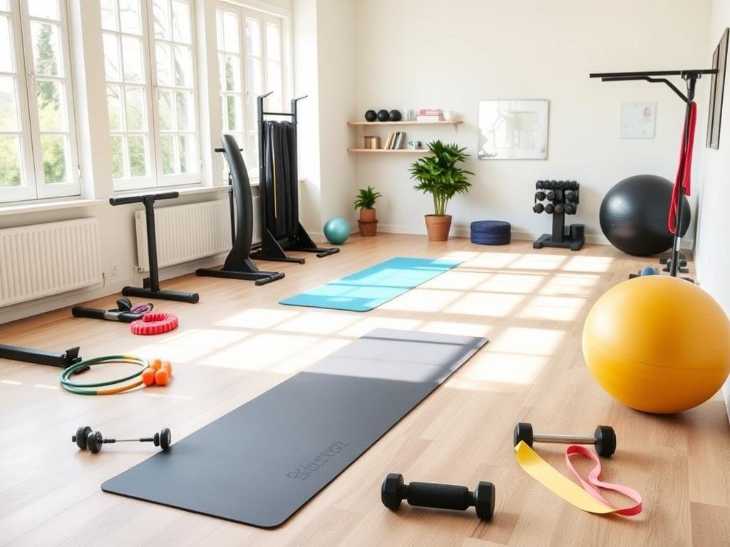 A well-equipped home gym with a variety of exercise equipment, including a yoga mat, resistance bands, dumbbells, and a balance ball, arranged in a bright, airy room with large windows letting in natural light. The equipment is strategically placed to create a harmonious and inviting workout space, suitable for a range of exercises that cater to the needs of older adults. The overall atmosphere is calming and serene, conveying a sense of safety and comfort for those embarking on their fitness journey.
