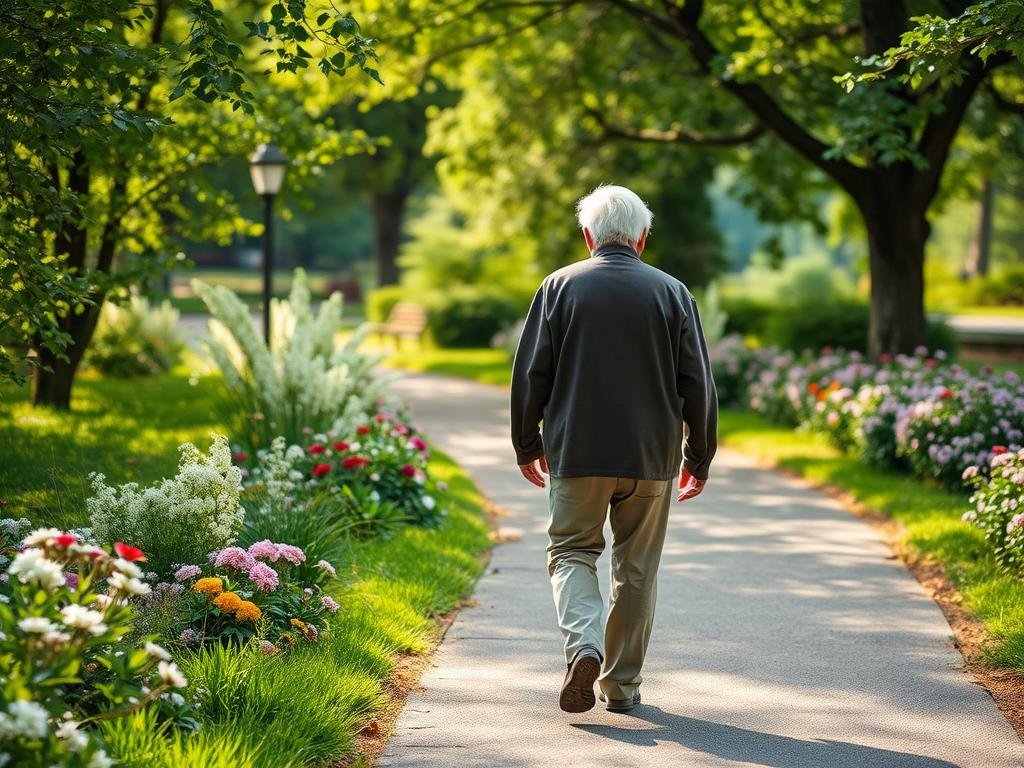 Imagem de idoso caminhando em um parque