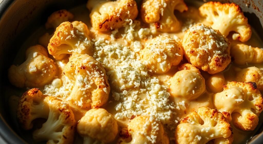 A creamy, grilled cauliflower dish with melted mozzarella and parmesan cheese. The cauliflower florets are arranged in a baking dish, topped with a generous layer of shredded mozzarella and grated parmesan. Droplets of cream sauce glisten on the surface, creating a luxurious, bubbly texture. The dish is lit from the side, casting dramatic shadows and highlights that accentuate the golden-brown, crusty edges of the cheese. The overall mood is comforting, homey, and appetizing, evoking the aroma of a freshly baked, cheesy casserole.