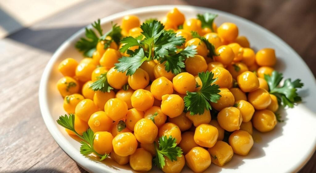 A fresh and vibrant salad of chickpeas (also known as garbanzo beans or grão-de-bico) dressed in a zesty lemon vinaigrette, garnished with lush green parsley and cilantro. The chickpeas are plump and golden, glistening in the warm natural lighting. The salad is presented on a clean white ceramic plate, allowing the colors of the ingredients to pop. The composition is balanced, with the chickpeas taking center stage, surrounded by the aromatic herbs. An appetizing and nutritious dish, perfect for a simple yet delicious vegetarian meal.