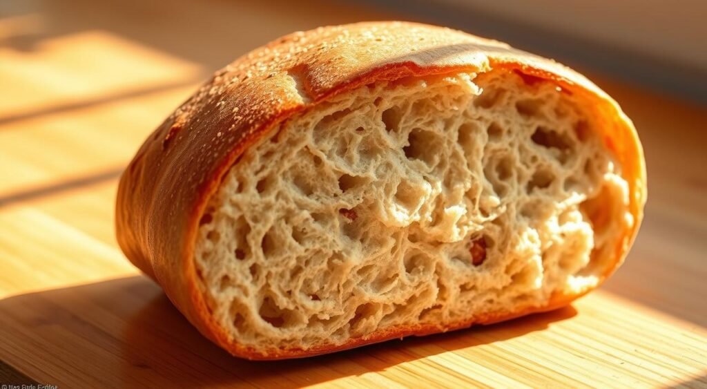 A freshly baked, soft, and fluffy whole wheat bread "massa" resting on a wooden surface, bathed in warm, natural lighting. The bread's golden crust glistens, and the interior has a delicate, airy texture. The overall composition captures the homemade, artisanal quality of the bread, inviting the viewer to imagine the satisfying aroma and taste. The image conveys a sense of simplicity, comfort, and the rewarding experience of creating a delicious, healthy bread at home.