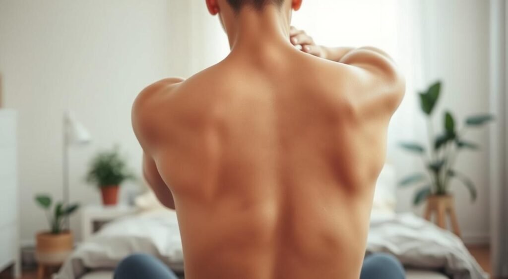 A peaceful, tranquil scene of a person's back, gently stretching and relaxing in a comfortable, cozy setting. The subject's torso is the focal point, with a soft, warm lighting illuminating the gentle curves of the spine and shoulders. The background is a serene, minimalist environment, perhaps a simple bedroom or home office, allowing the subject to be the center of attention. The overall atmosphere conveys a sense of ease, comfort, and restoration, reflecting the idea of a practical, everyday routine to alleviate back pain. The image should be captured with a medium-wide lens, providing a balanced, contemplative composition.