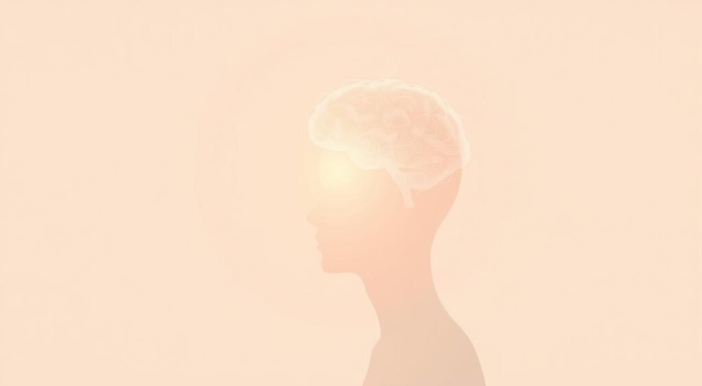 A serene, contemplative illustration depicting the human mind. In the foreground, a minimalist human head in profile, with an ethereal, glowing quality. The mind itself is represented as a softly lit, wispy cloud-like formation emerging from the head, filled with intricate patterns and swirling energy. The background is a calming, neutral gradient, drawing the viewer's focus to the interplay between the physical and the mental. Soft, diffused lighting creates a sense of introspection and focus. The overall mood is one of quiet inner reflection and the power of the mind to navigate emotional challenges.