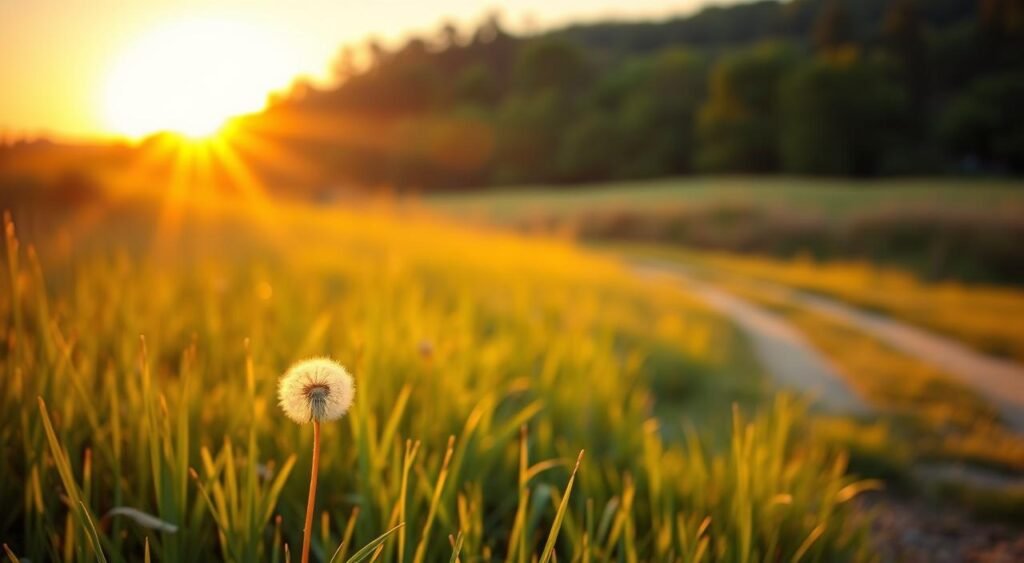 A tranquil meadow at sunset, the golden light casting long shadows across the gently swaying grasses. In the foreground, a lone dandelion clock, its delicate white plumes dancing on the soft breeze, symbolizing the passage of time. The middle ground features a path winding through the field, inviting the viewer to embark on a contemplative journey. In the background, a distant forest frames the scene, its verdant hues contrasting with the warm tones of the setting sun. The overall atmosphere conveys a sense of peaceful reflection, capturing the essence of the passage of time and the process of healing.