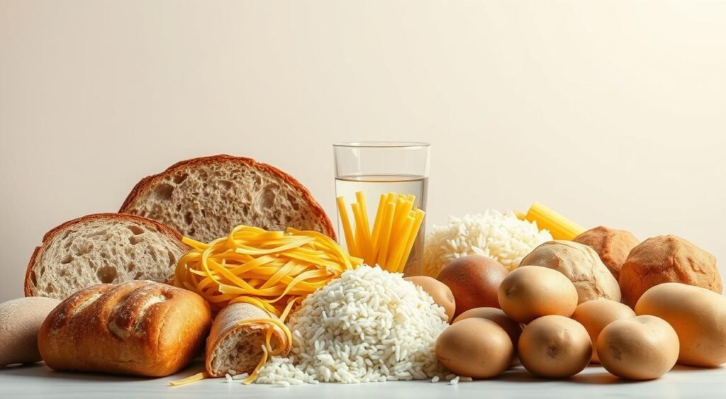 A vibrant still life showcasing the essence of "carboidratos". In the foreground, a diverse array of carbohydrate-rich foods are artfully arranged - bread, pasta, rice, and potatoes, each with their unique textures and hues. The middle ground features a glass of clear water, symbolizing the importance of hydration in a balanced low-carb lifestyle. In the background, a minimalist backdrop of soft, natural tones creates a serene and inviting atmosphere. Subtle lighting casts gentle shadows, highlighting the shapes and volumes of the subjects. The overall composition conveys a sense of simplicity, nourishment, and the delicate balance between indulgence and restraint.