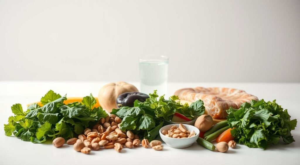 A well-lit, still-life scene depicting the concept of "segurança dieta" (diet safety). In the foreground, arrange a selection of healthy, low-carb foods such as leafy greens, fresh vegetables, nuts, and lean proteins. Place these items on a clean, minimalist surface, perhaps a white or light-colored table or countertop. In the middle ground, include a glass of water or a healthy beverage to convey the importance of hydration. In the background, create a serene, calming atmosphere with soft, natural lighting, perhaps hinting at a window or neutral wall. The overall mood should be one of balance, simplicity, and reassurance, reflecting the idea of a safe, sustainable diet.