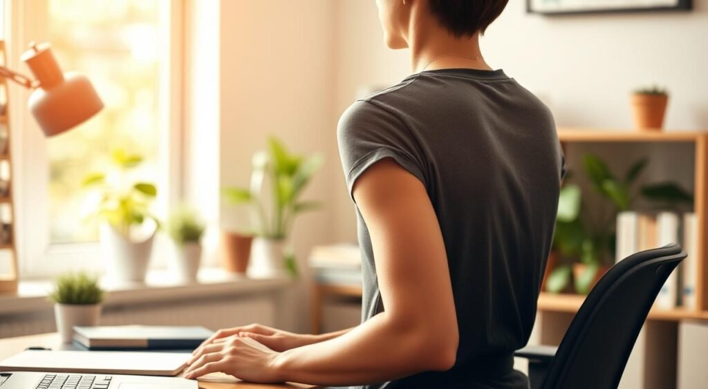 A well-postured person sitting upright at a desk, their spine aligned and shoulders back, creating an impression of focus and productivity. The scene is bathed in warm, natural lighting, with a plants and books in the background, conveying a sense of a healthy, ergonomic work environment. The subject's pose is relaxed yet attentive, their hands resting on the desk, suggesting good posture habits that could help alleviate back pain. The overall mood is one of calm, discipline, and mindfulness.