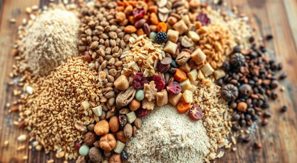 Vibrant array of mix-ins for artisanal breads, arrayed on a rustic wooden surface. Whole-grain flours, seeds, nuts, and dried fruits in an array of warm, earthy tones. Soft focus lighting accentuates the textures and colors, creating an inviting, homemade aesthetic. Overhead angle captures the ingredients at eye level, as if the viewer is about to dive in and start baking. The composition emphasizes the bountiful variety of flavors and textures that can be incorporated into hearty, homemade bread. An artisanal, handcrafted mood evokes the homemade nature of the recipe.