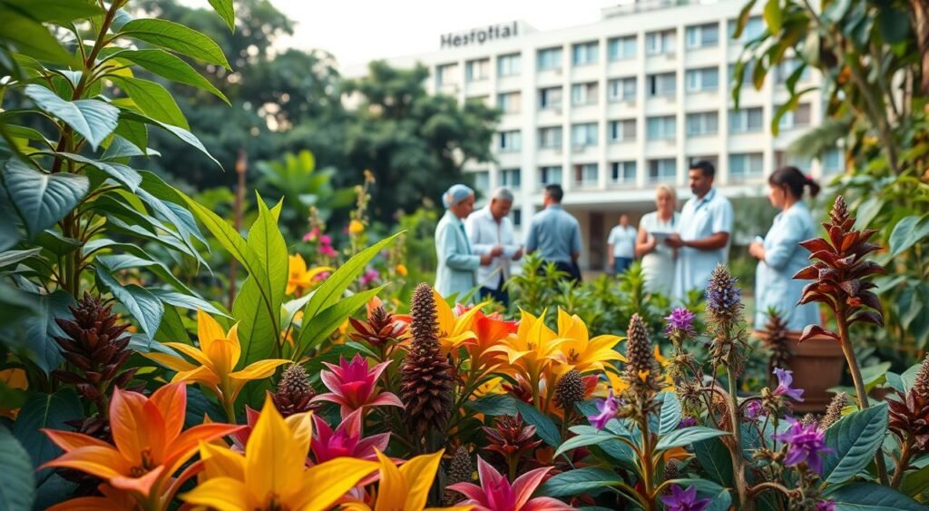 A lush, vibrant scene depicting the access and use of herbal medicines in Brazil. In the foreground, an array of colorful medicinal plants, their leaves and flowers gently swaying in the soft light. In the middle ground, a group of traditional healers and healthcare professionals examining and discussing the properties of the herbs. In the background, a modern hospital building, symbolizing the integration of phytotherapy into the national healthcare system. The overall atmosphere is one of harmony, balance, and a deep respect for the healing power of nature.