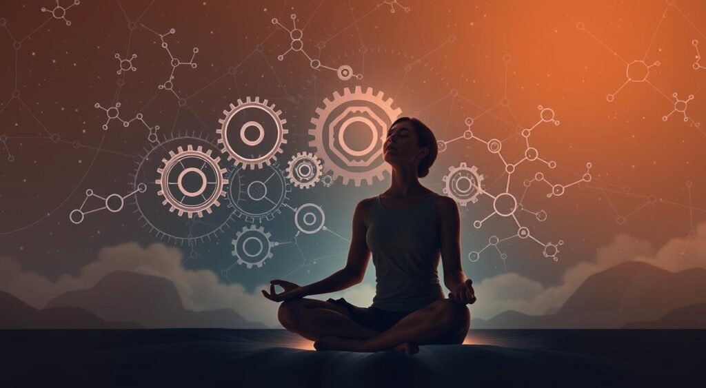 A serene and meditative scene depicting the scientific benefits of sleep and attention. In the foreground, a person sits cross-legged in a relaxed pose, eyes closed, with a soft glow surrounding them, symbolizing the calming effects of meditation. In the middle ground, interlocking gears and molecular diagrams represent the cognitive processes and neurological mechanisms underlying improved sleep and reduced anxiety. The background features a starry night sky, hinting at the restorative power of rest and the interconnectedness of the mind and body. The lighting is warm and muted, creating a tranquil atmosphere. The overall composition conveys a sense of harmony, balance, and the profound impact of mindful practices on physical and mental well-being.