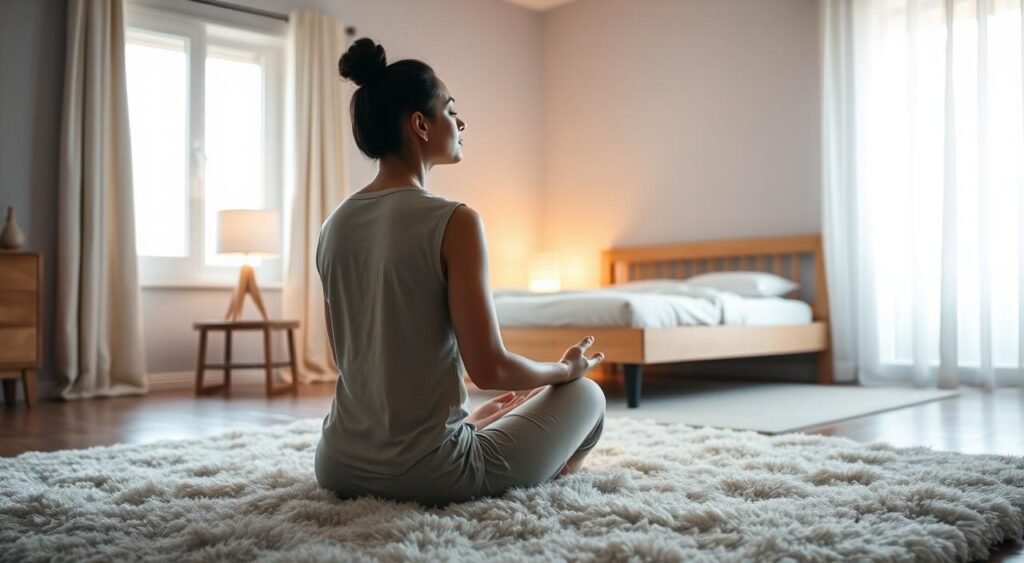 A serene bedroom scene with a person sitting cross-legged on a soft, plush rug in a meditative pose, eyes closed, hands resting on knees. Soft, warm lighting emanates from a bedside table lamp, casting a gentle glow throughout the space. The walls are painted in calming, neutral tones, and a large window allows natural light to filter in, creating a tranquil atmosphere. In the background, a minimalist wooden bed frame with simple, clean linens invites rest and relaxation. The overall mood is one of deep focus, inner peace, and the invitation to a restorative night's sleep.
