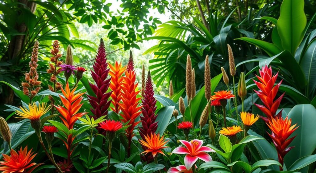 A vibrant display of Brazilian medicinal plants, captured in a lush, verdant setting. In the foreground, an array of exotic foliage and blooms, their vivid hues and intricate textures inviting closer inspection. The middle ground features a selection of the 10 most powerful and effective herbs, their medicinal properties evident in their unique forms and shapes. In the background, a soft, diffused light filters through a canopy of tropical leaves, creating a serene and calming atmosphere. Captured with a wide-angle lens, the scene conveys a sense of harmony and balance, highlighting the natural beauty and healing potential of these remarkable Brazilian medicinal plants.