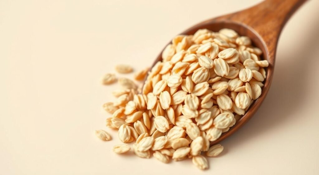 A close-up photograph of a scoop of rolled oats (farelo de aveia) against a plain, light-colored background. The oats are presented in a visually appealing manner, highlighting their natural texture and golden hue. The lighting is soft and diffused, creating a warm, appetizing atmosphere. The focus is sharp, drawing the viewer's attention to the intricate details of the oats. The composition is balanced and minimalist, allowing the main subject to shine. This image would effectively convey the idea of a healthy, high-fiber and protein-rich ingredient suitable for a sugar-free baked good.