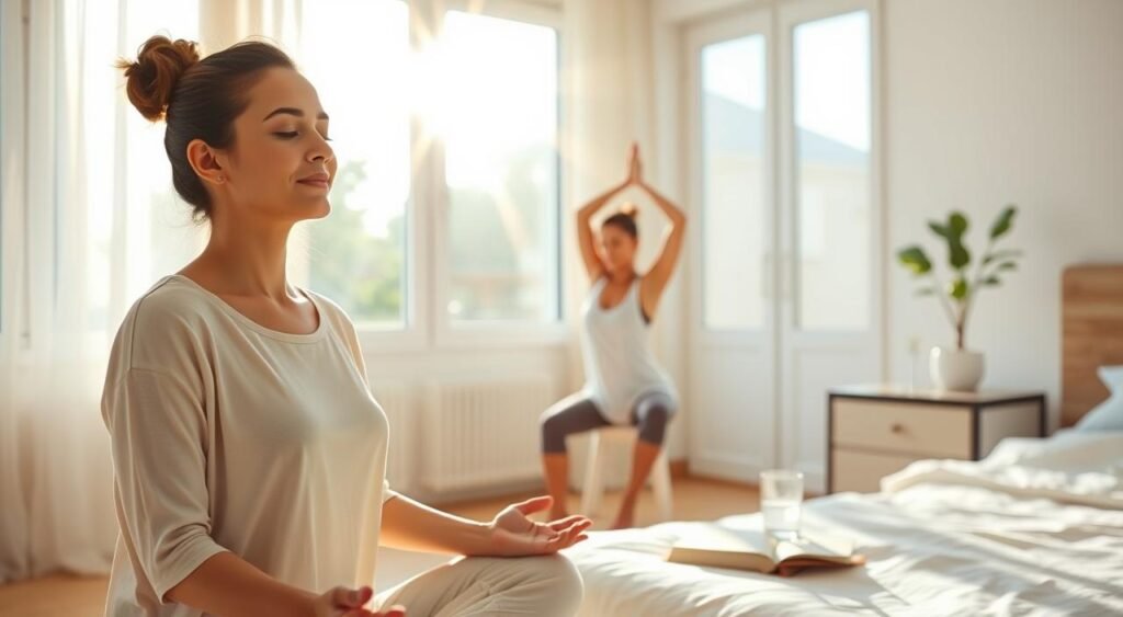 A serene and tranquil scene depicting seven daily health habits for Brazilian women. In the foreground, a woman practices mindful meditation, her eyes closed and expression peaceful. In the middle ground, she stretches her body with yoga poses, radiant sunlight streaming through large windows. In the background, a simple yet elegant bedroom, with a bedside table displaying a glass of water, a book, and a potted plant. The overall atmosphere is one of balance, wellness, and self-care, captured through a soft, natural lighting and a muted color palette.